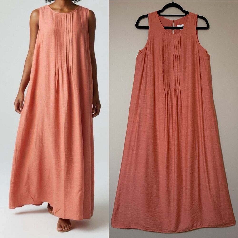 J.Jill Pleated MaxiDress SIZE SMALL TALL Coral Sleeveless Lagenlook Long Coastal